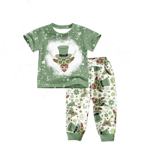 Baby Boys Short Sleeve St Patrick Day Highland Cow Tee Shirt Pants Clothing Sets Preorder(moq 5)