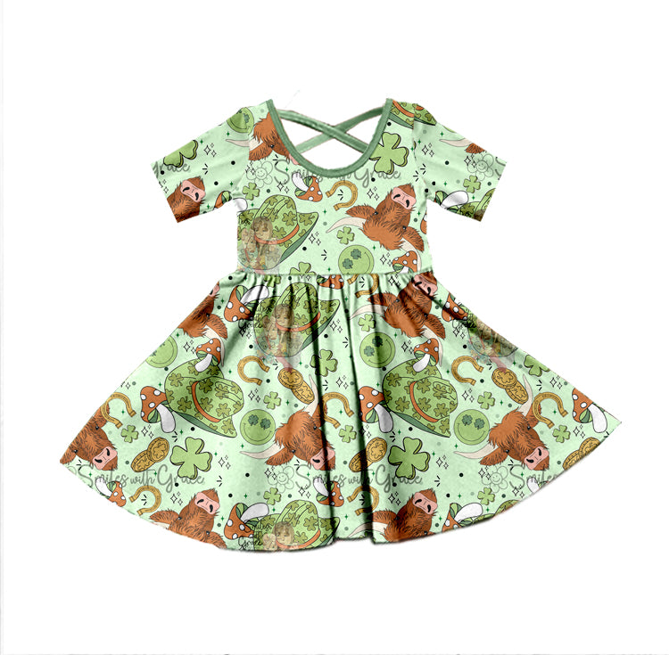 Baby Girls St Patrick Day Short Sleeve Quatrefoil Knee Length Dresses Preorder(moq 5)