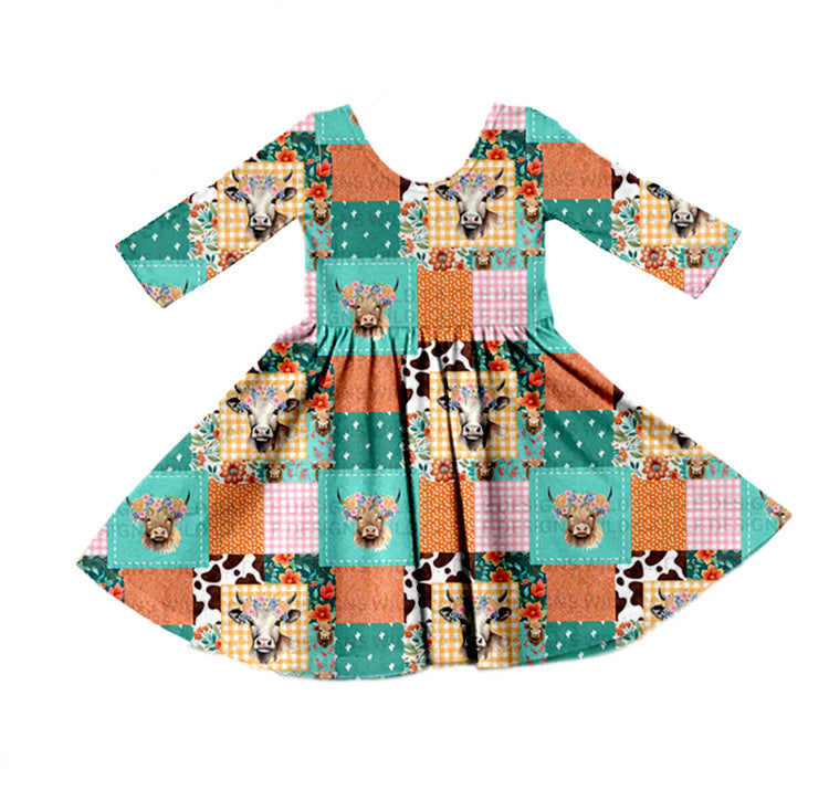 Baby Girls Patchwork Western Highland Cows Knee Length Dresses preorder(moq 5)