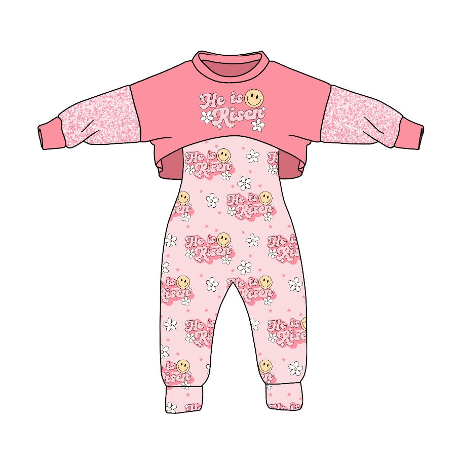 Baby Girls Pink Risen Flowers 2pcs Jumpsuits Sets preorder(moq 5)