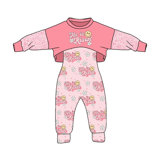 Baby Girls Pink Risen Flowers 2pcs Jumpsuits Sets preorder(moq 5)