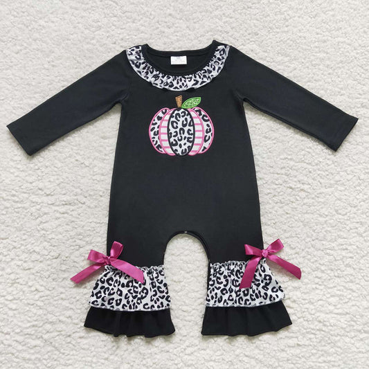 Baby Girls Leopard Pumpkin Ruffle Fall Rompers