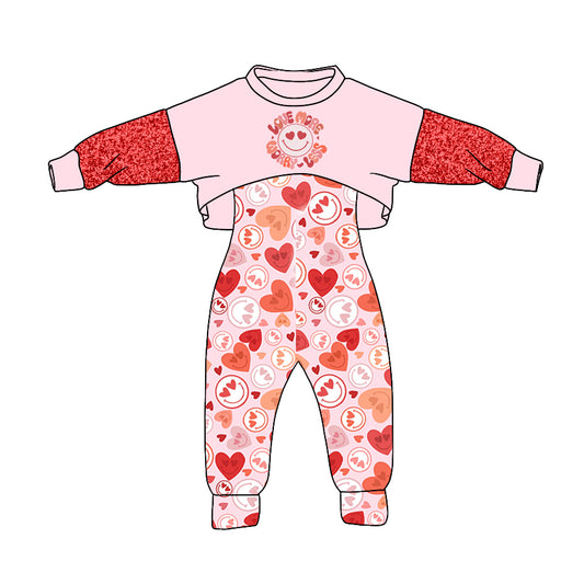 Baby Girls Valentines Hearts Pink Top Jumpsuits Pants 2pcs Clothes Sets Preorder(moq 5)