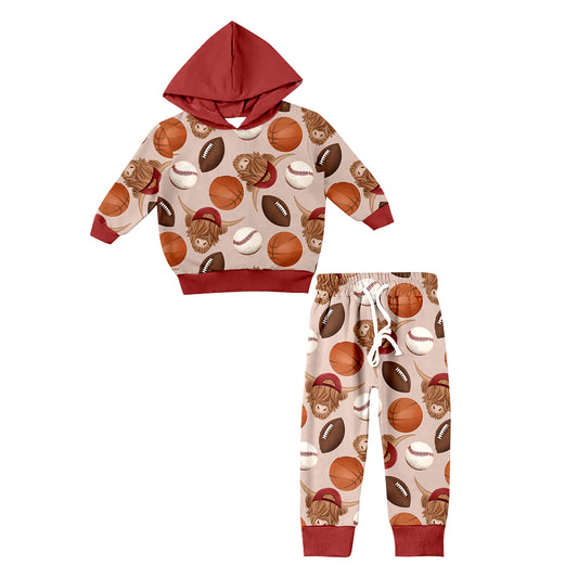 Baby Boys Highland Cow Balls Baseball Hooded Top Pants Clothes Sets preorder(moq 5)