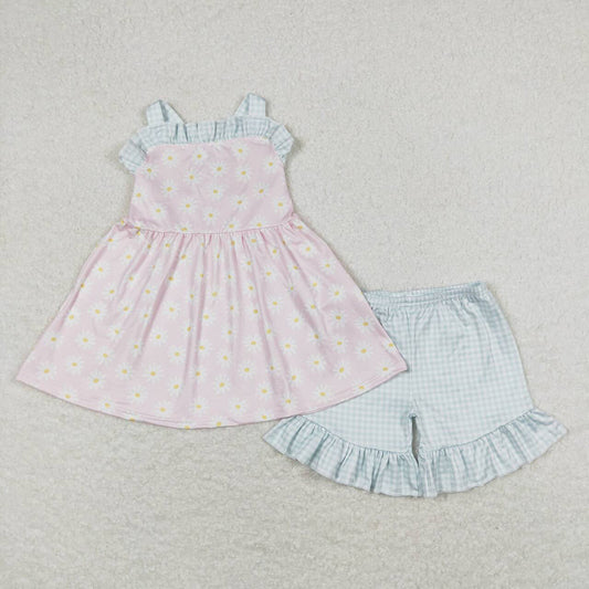 Baby Girls Pink Daisy Straps Tunic Top Ruffle Shorts Clothes Sets