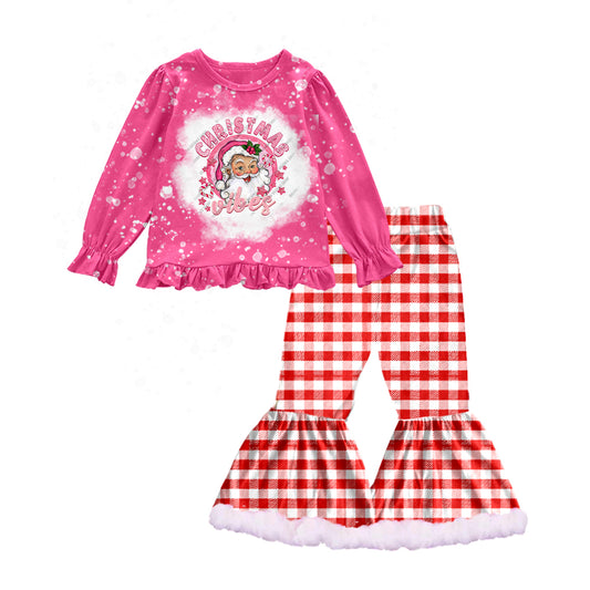 Baby Girls Christmas Vibes Shirt Red Checkered Bell Bottom Pants Sets preorder(moq 5)