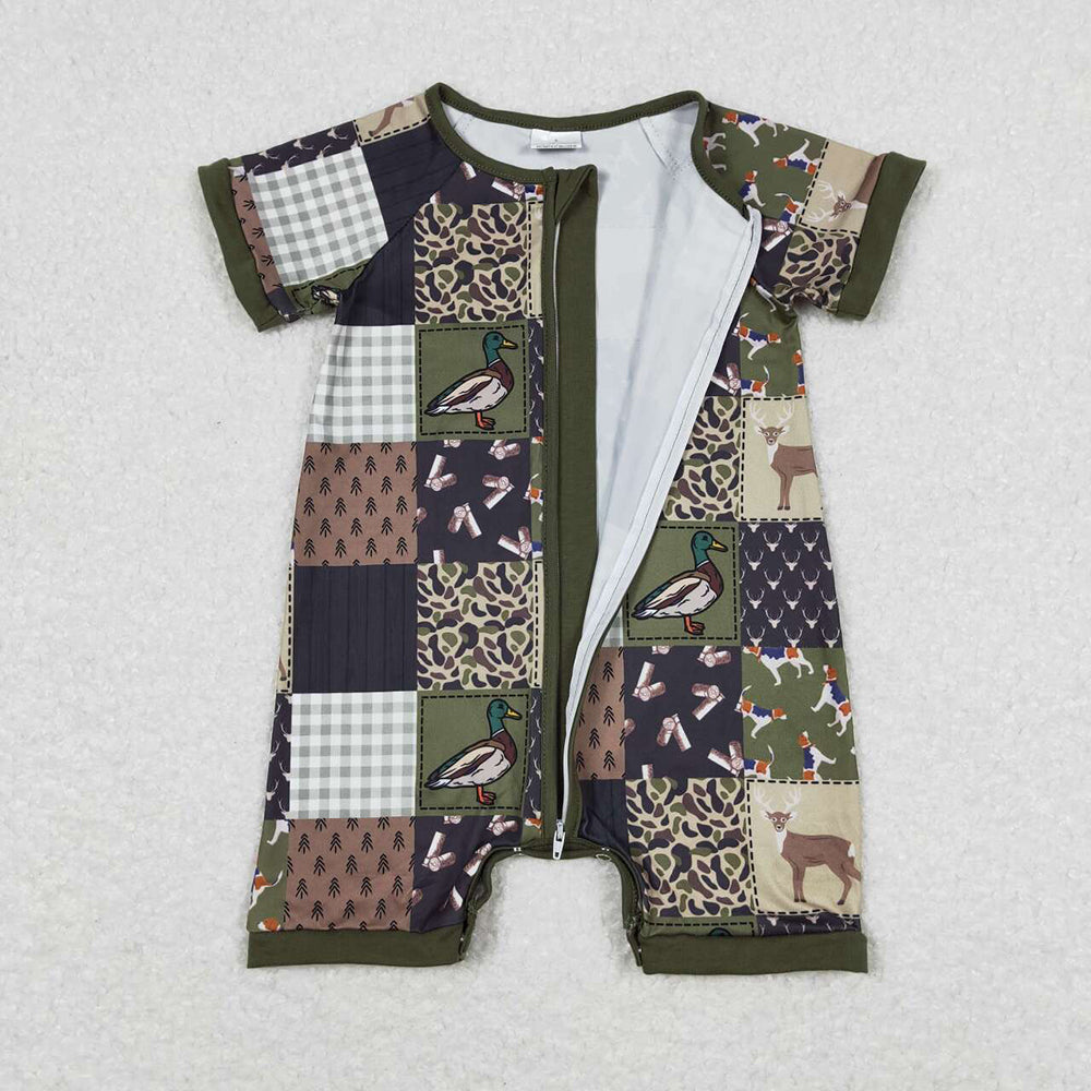 Baby Boys Hunting Deer Duck Short Sleeve Zip Rompers