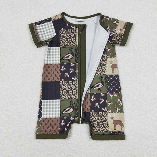 Baby Boys Hunting Deer Duck Short Sleeve Zip Rompers