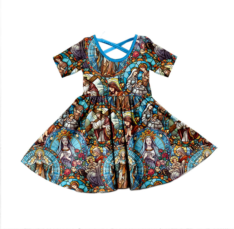 Baby Girls Easter Short Sleeve Jesus Knee Length Dresses Preorder(moq 5)