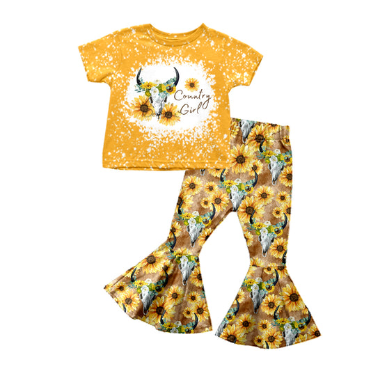 Baby Girls Cow Skull Sunflowers Tee Top Pants Sets preorder(moq 5)