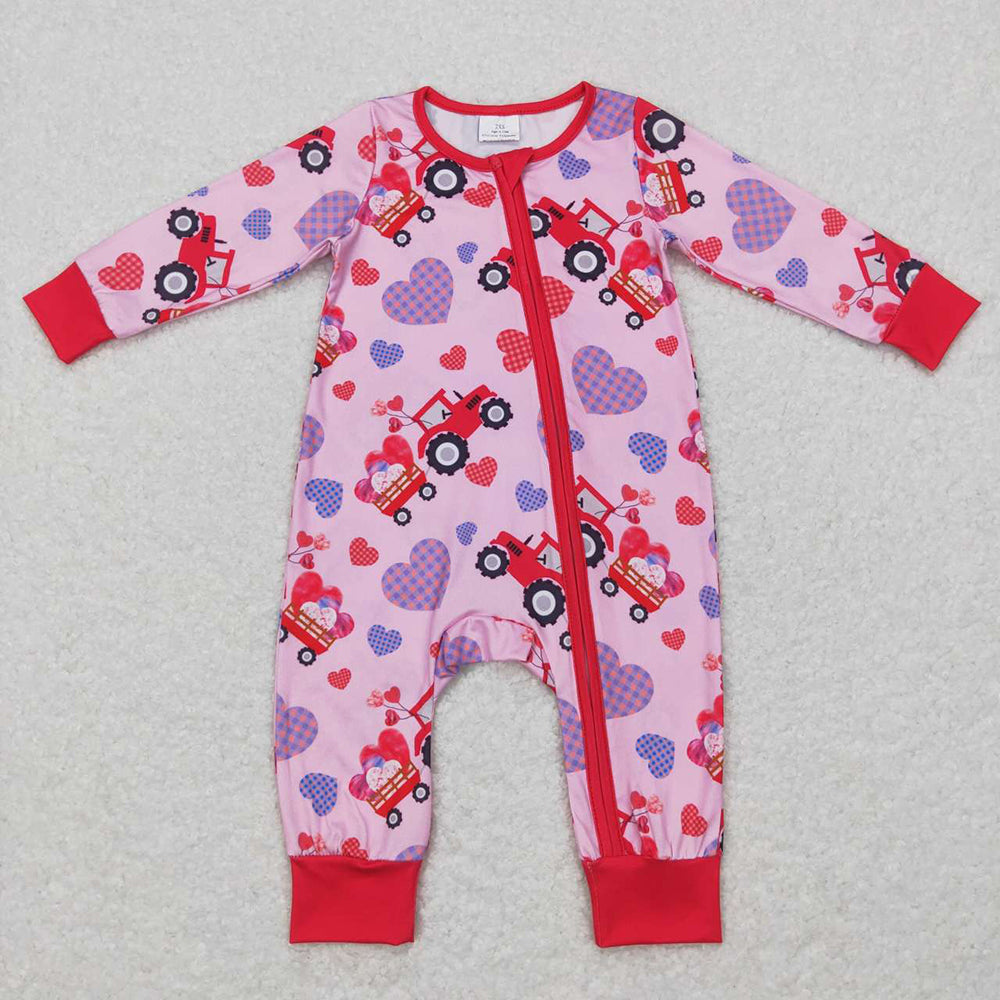 Baby Infant Girls Valentines Hearts Tractors Long Sleeve Zip Rompers