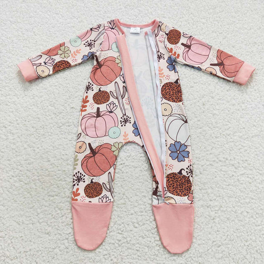 Fall Pumpkin Baby Kids Long Sleeve Flowers Zip Rompers