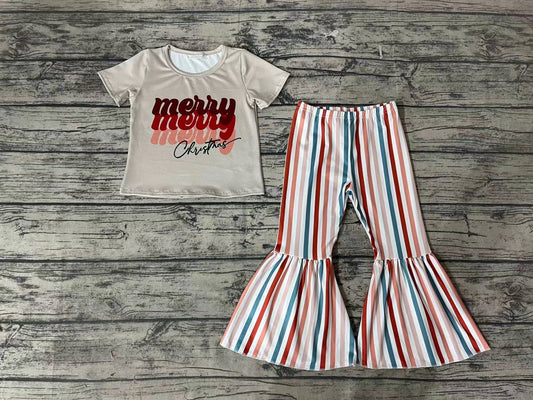 Baby Girls Merry Christmas Tee Shirt Tops Stripes Bell Bottom Pants Clothes Sets