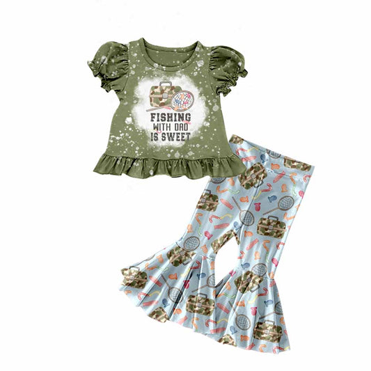 Baby Girls Fishing Green Top Flare Pants Clothes Sets preorder(moq 5)