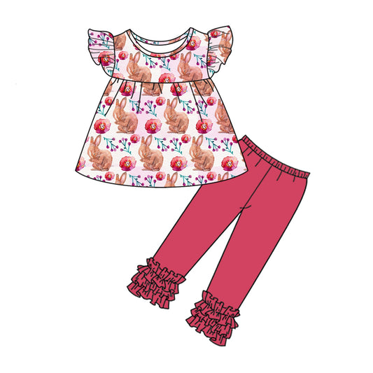 Baby Girls Easter Red Rabbits Tunic Top Icing Legging Clothes Sets Preorder(moq 5)