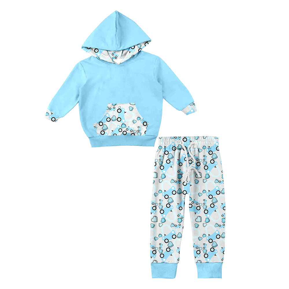 Baby Boys Blue Valentines Tractor Hooded Shirt Pants Clothing Sets Preorder(moq 5)