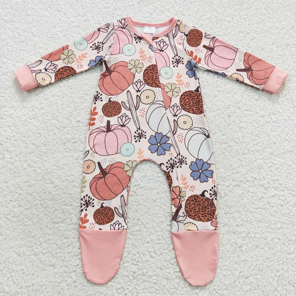 Fall Pumpkin Baby Kids Long Sleeve Flowers Zip Rompers