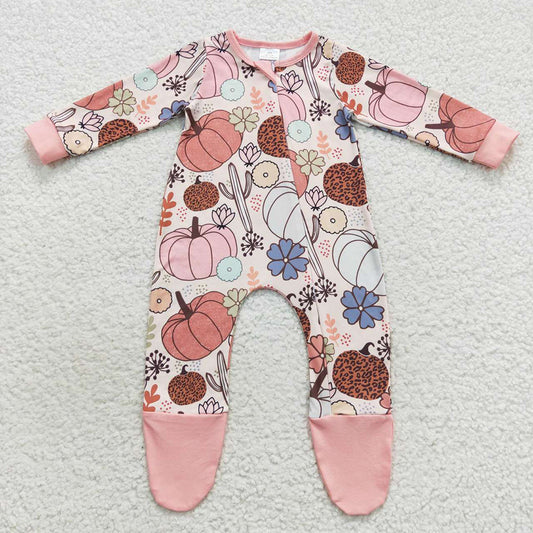 Fall Pumpkin Baby Kids Long Sleeve Flowers Zip Rompers