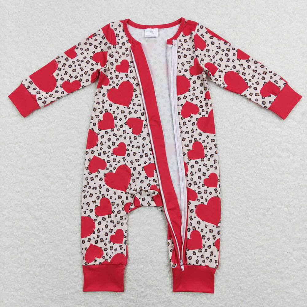 Baby Infant Girls Valentines Hearts Leopard Long Sleeve Zip Rompers