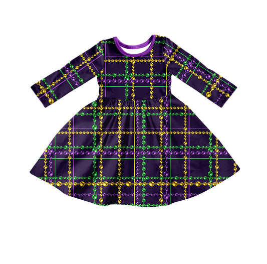 Baby Girls Purple Mardi Gras Knee Length Long Sleeve Dresses Preorder(moq 5)