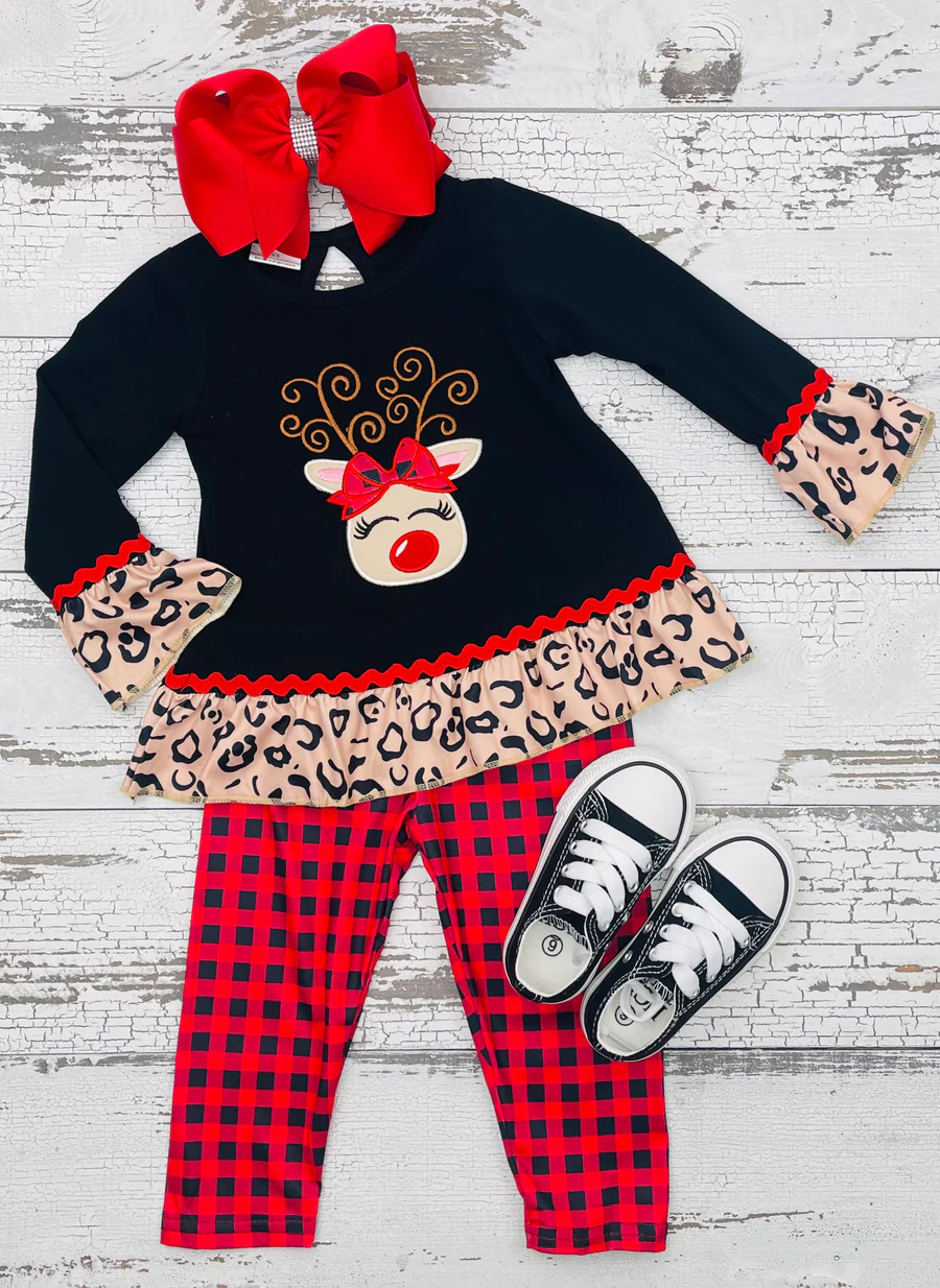 Baby Girls Christmas deer plaid pants clothing sets