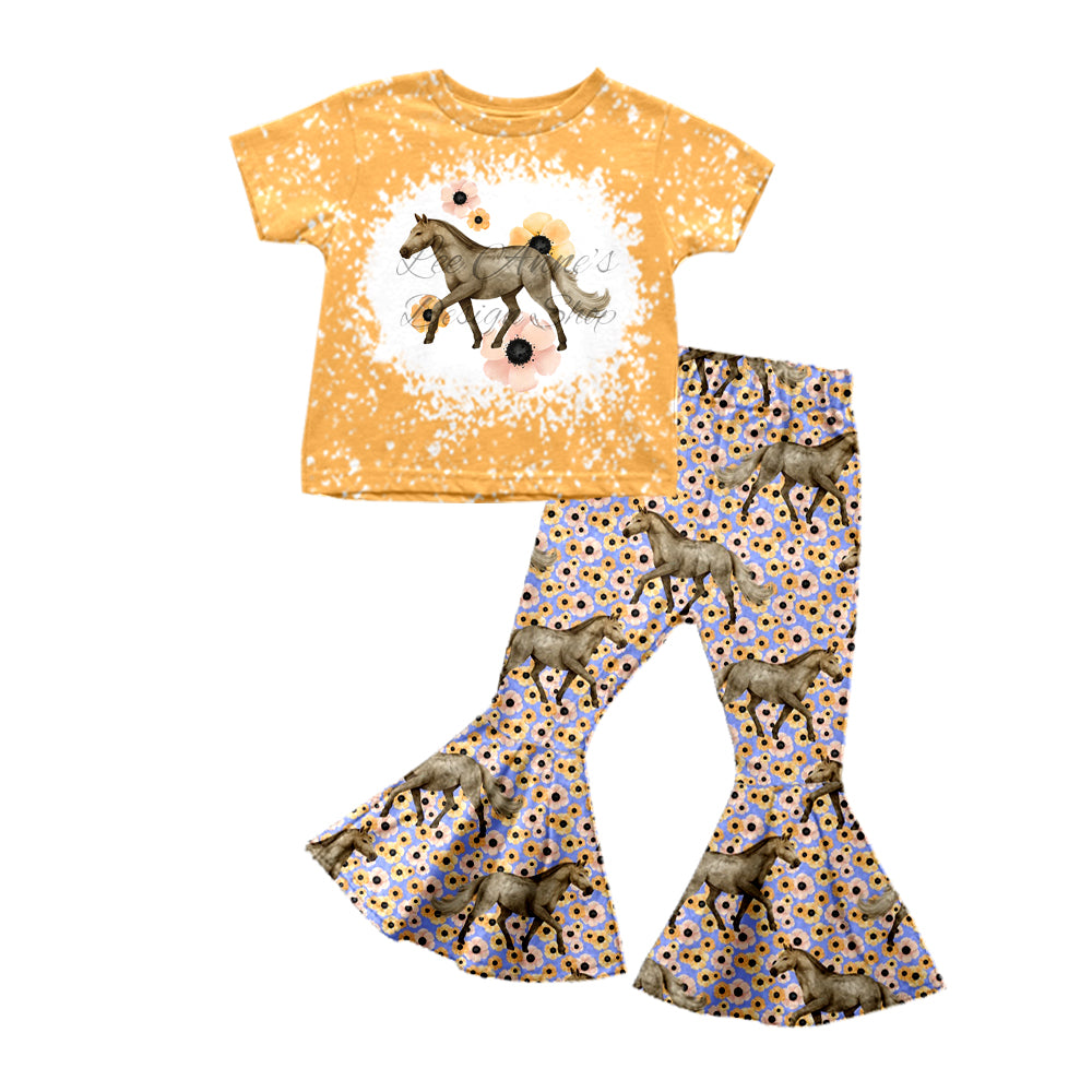 Baby Girls Horse Flowers Short Sleeve Tee Shirt Flare Pants Clothes Sets preorder(moq 5)