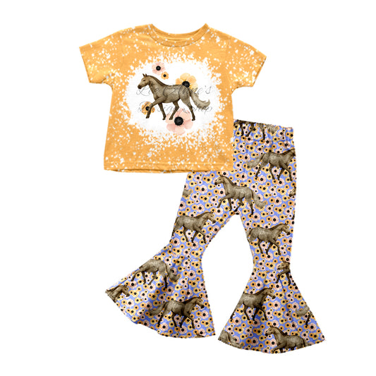 Baby Girls Horse Flowers Short Sleeve Tee Shirt Flare Pants Clothes Sets preorder(moq 5)