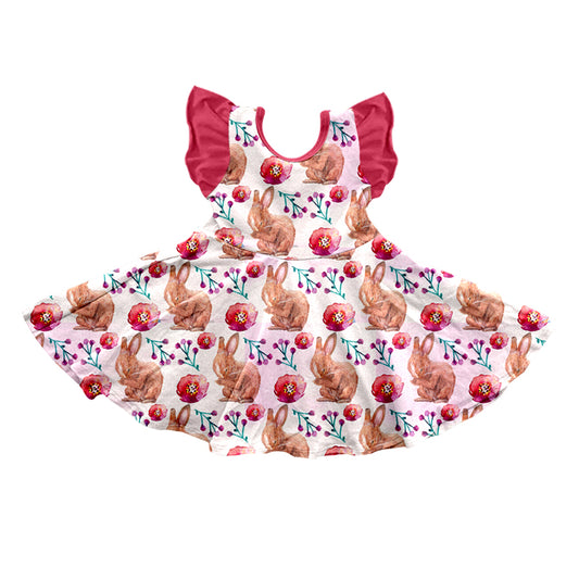 Baby Girls Easter Rabbits Flowers Red Knee Length Dresses Preorder(moq 5)