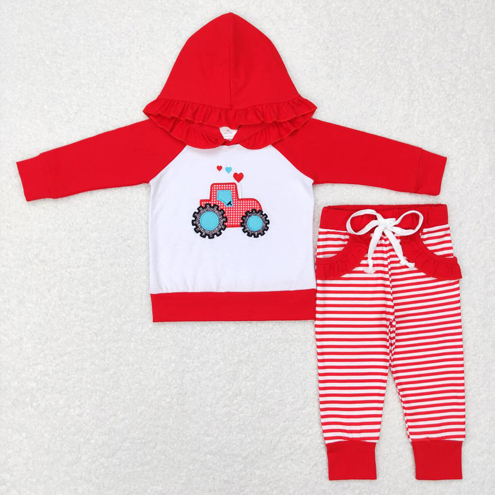 Baby Girls Red Tractor Hearts Hooded Top Stripes Pants Clothing Sets