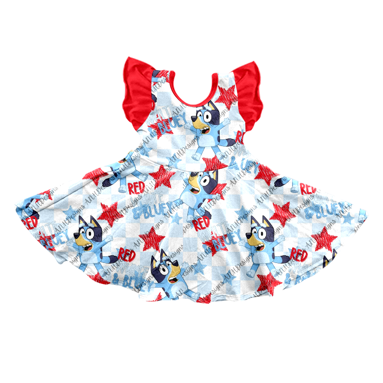 Baby Girls 4th Of July Dog Flutter Sleeve Knee Length Dresses preorder(moq 5)