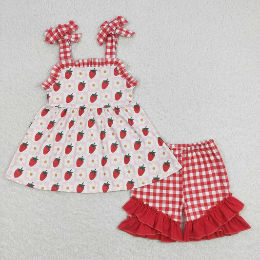 Baby Girls Strawberry Straps Tunic Ruffle Shorts Clothes Sets