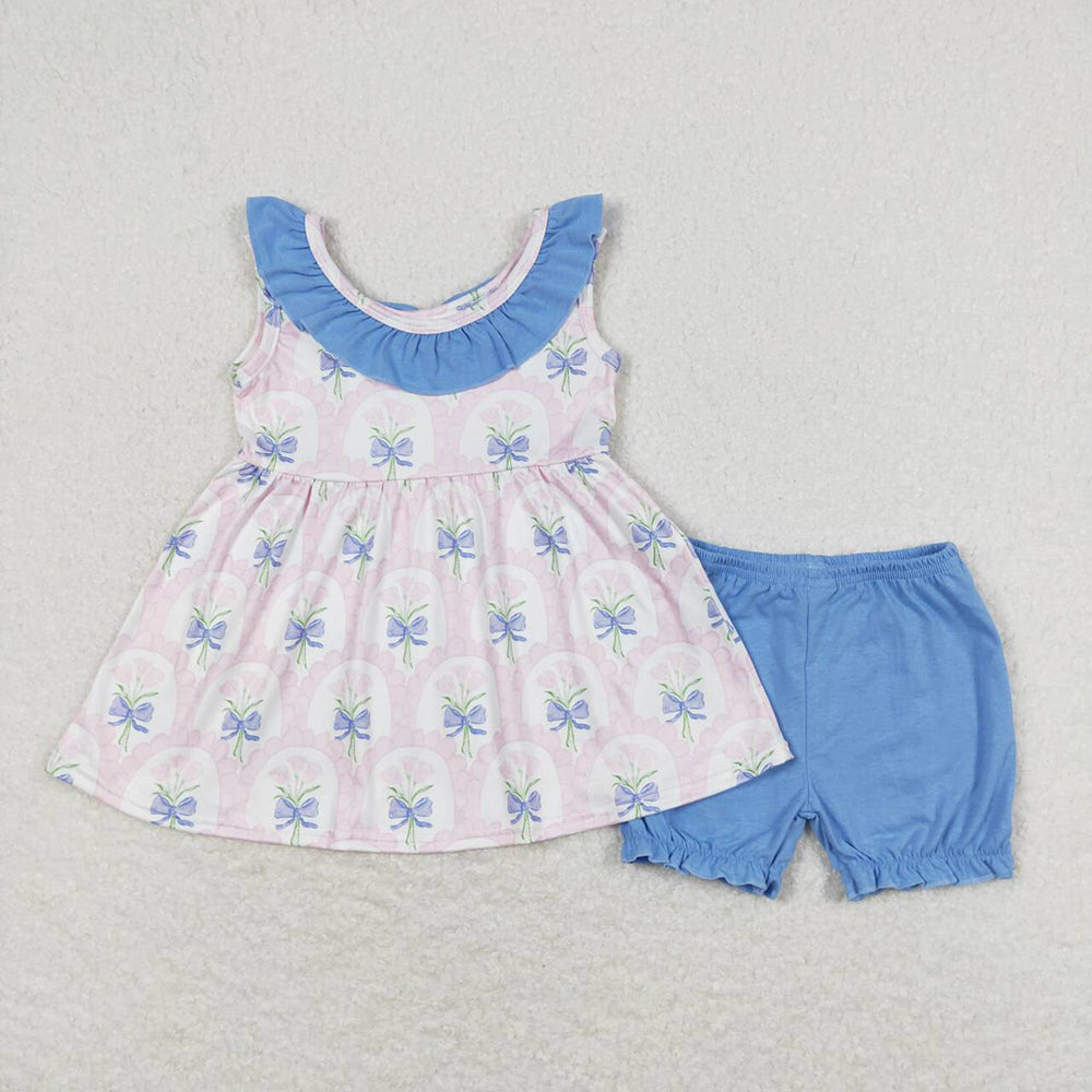 Baby Girls Pink Flowers Bunches Tunic Top Bubble Shorts Clothes Sets