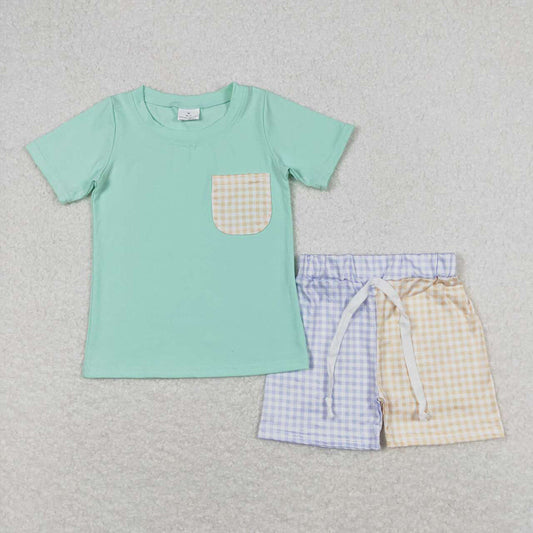 Baby Boys Green Pocket Tee Shirt Checkered Shorts Clothes Sets
