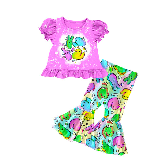 Baby Girls Easter Colorful Rabbits Shirts Top Bell Pants Clothes Sets Preorder(moq 5)