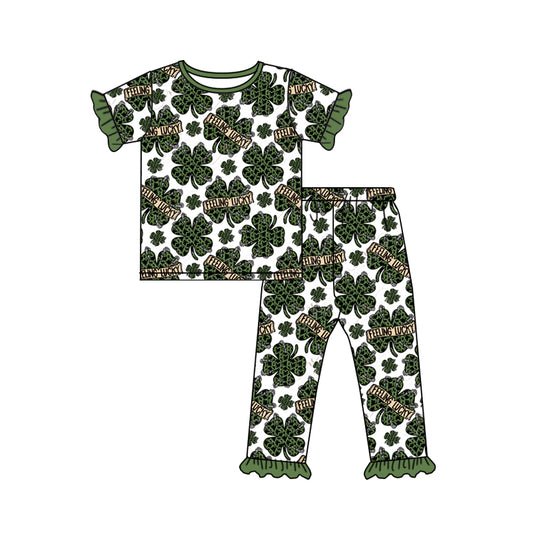 Baby Girls St Patrick Day Quatrefoil Shirts Top Ruffle Pants Pajamas Clothes Sets Preorder(moq 5)