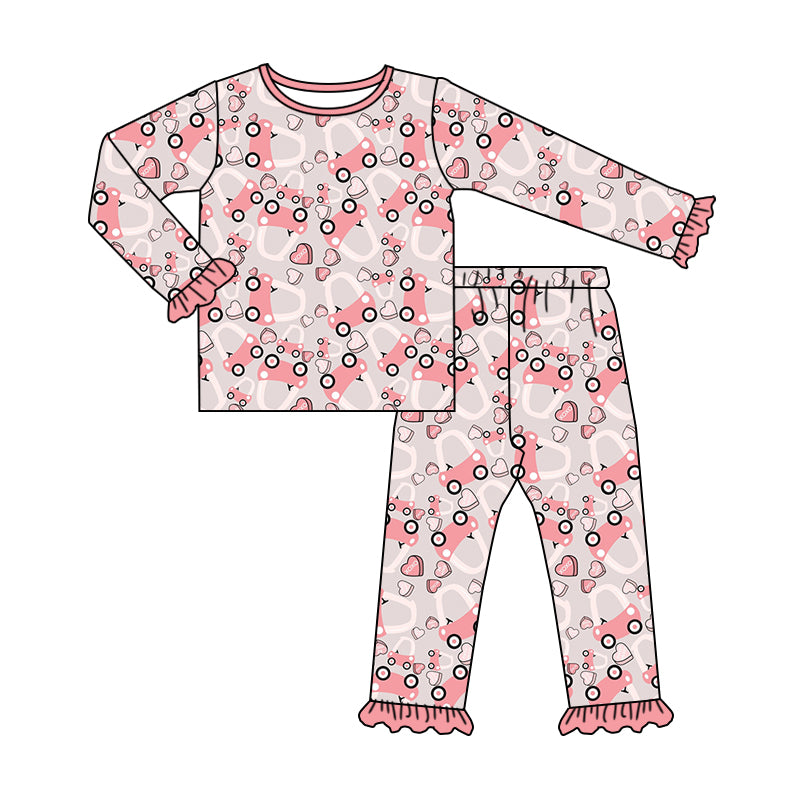 Baby Girls Pink Valentines Tractor Shirt Pants Pajamas Clothing Sets Preorder(moq 5)