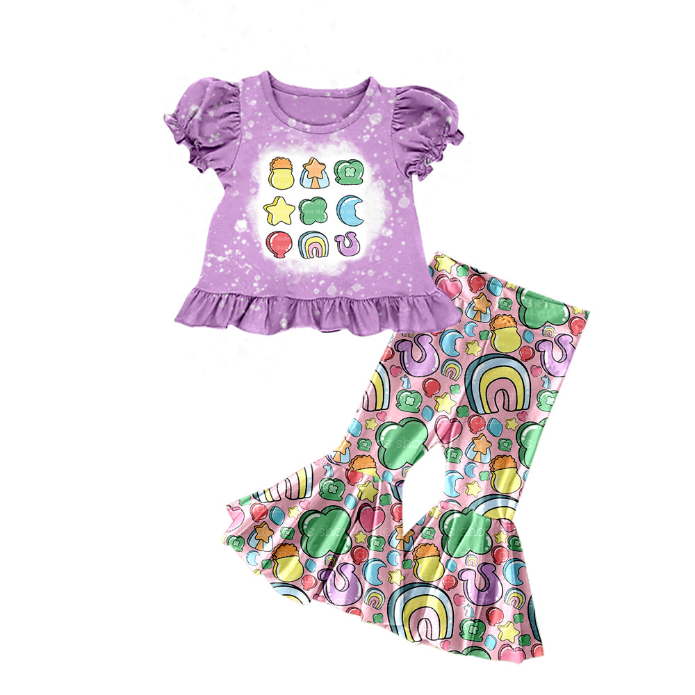 Baby Girls St Patrick Day Purple Top Rainbow Flare Pants Sets Preorder(moq 5)