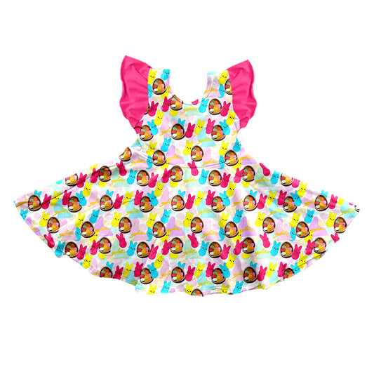 Baby Girls Flutter Sleeve Easter Rabbit Colorful Knee Length Dresses preorder(moq 5)