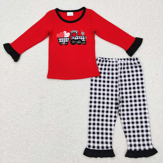 Baby Girls Valentines Hearts Tractor Top Shirt Black Checkered Pants Pajamas Clothing Sets