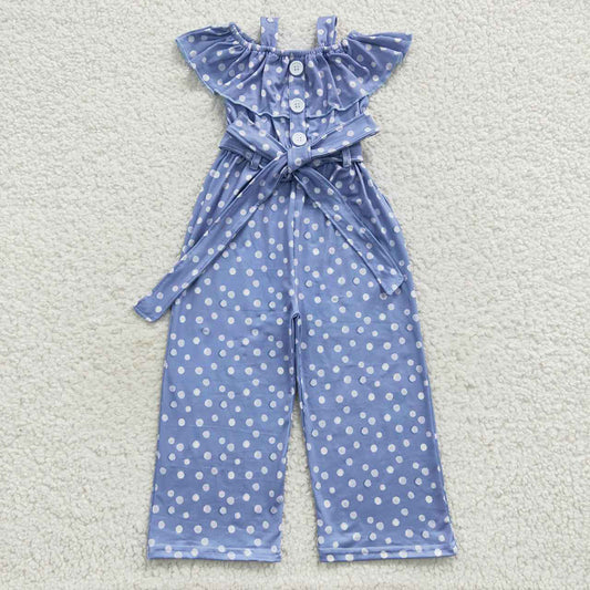 Baby Girls Blue Dots Ruffle Strap Jumpsuits