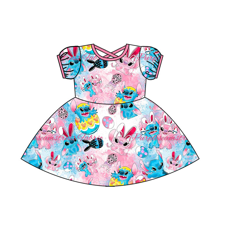 Baby Girls Easter Rabbit Cartoon Short Sleeve Knee Length Dresses Preorder(moq 5)