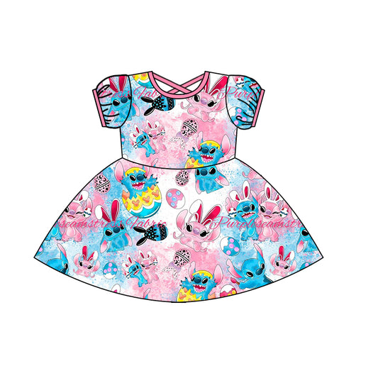 Baby Girls Easter Rabbit Cartoon Short Sleeve Knee Length Dresses Preorder(moq 5)