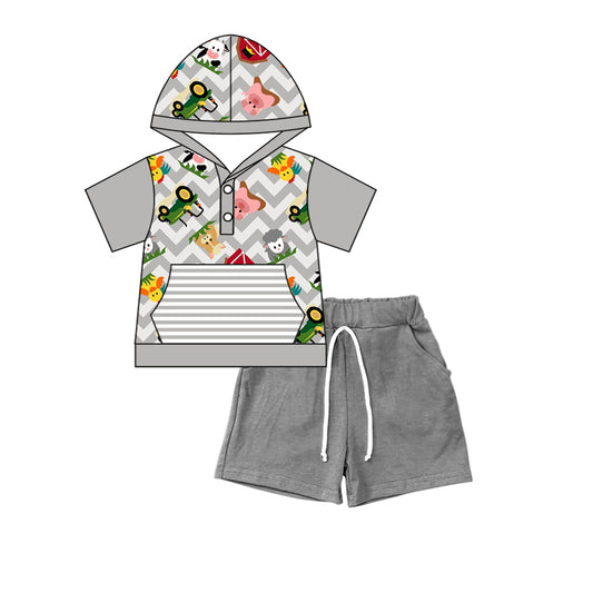 Baby Boys Farm Short Sleeve Hooded Shirt Shorts Clothes Sets Preorder(moq 5)