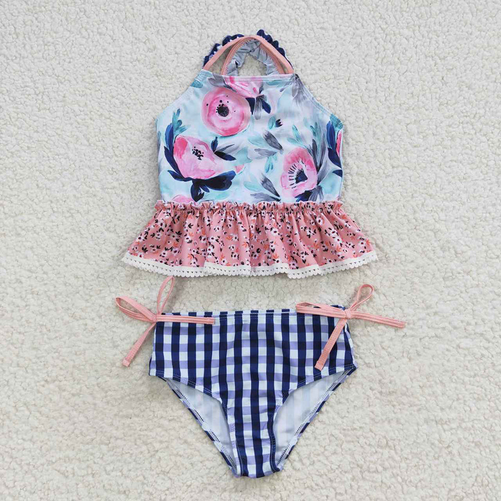 Baby Girls Blue Flowers Top Floral 2 pieces Swimsuits