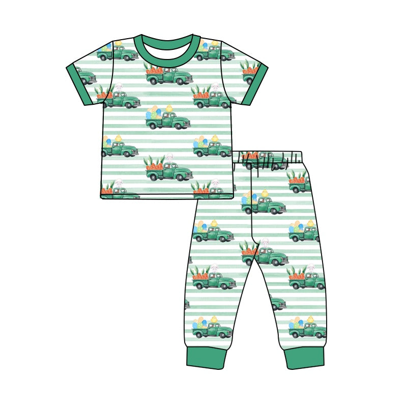 Baby Boys Green Tractor Short Sleeve Top Pants Pajamas Clothes Sets preorder(moq 5)