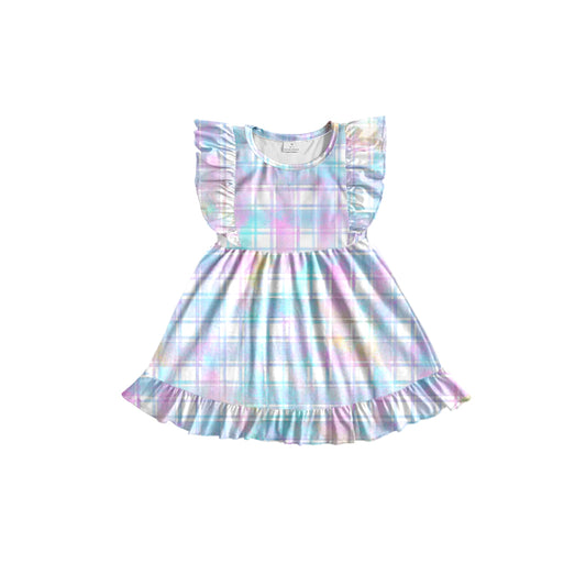 Baby Girls Easter Colorful Plaid Flutter Sleeve Knee Length Dresses Preorder(moq 5)