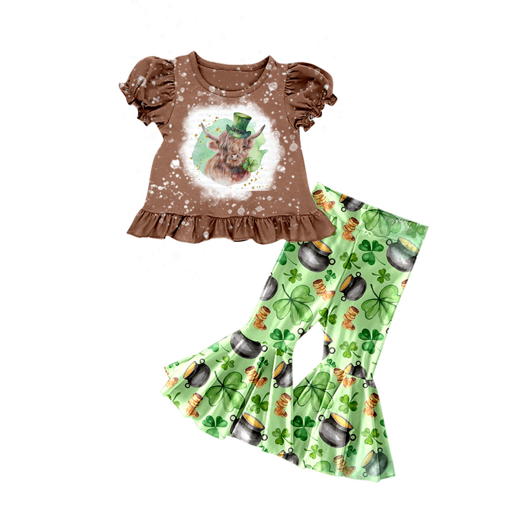 Baby Girls Western Highland Cow St Patrick Day Top Flare Pants Sets Preorder(moq 5)