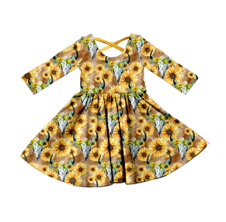 Baby Girls Western Sunflowers Cows Knee Length Dresses preorder(moq 5)