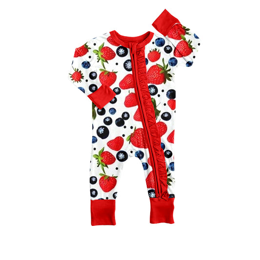 Baby Infant Girls Strawberry Fruit Ruffle Long Sleeve Zip Sleepers Rompers preorder(moq 5)