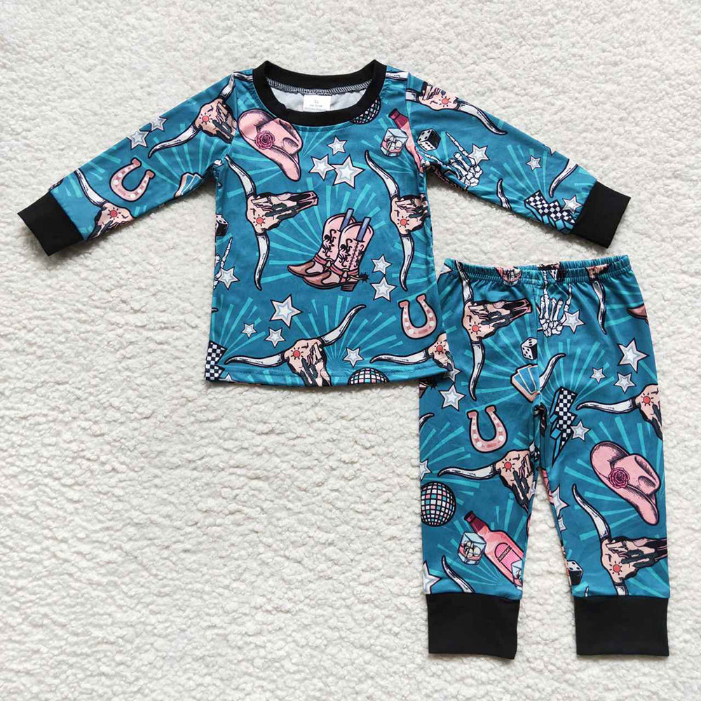 Baby Kids Western Long Sleeve Tee Top Pants Boots Cow Jammies Sets